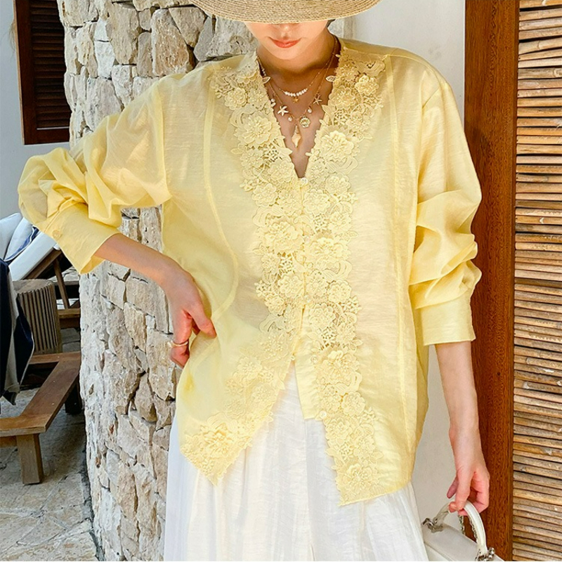 Embroidery Yellow - French Style Lace Embroidery Shirt Blouse