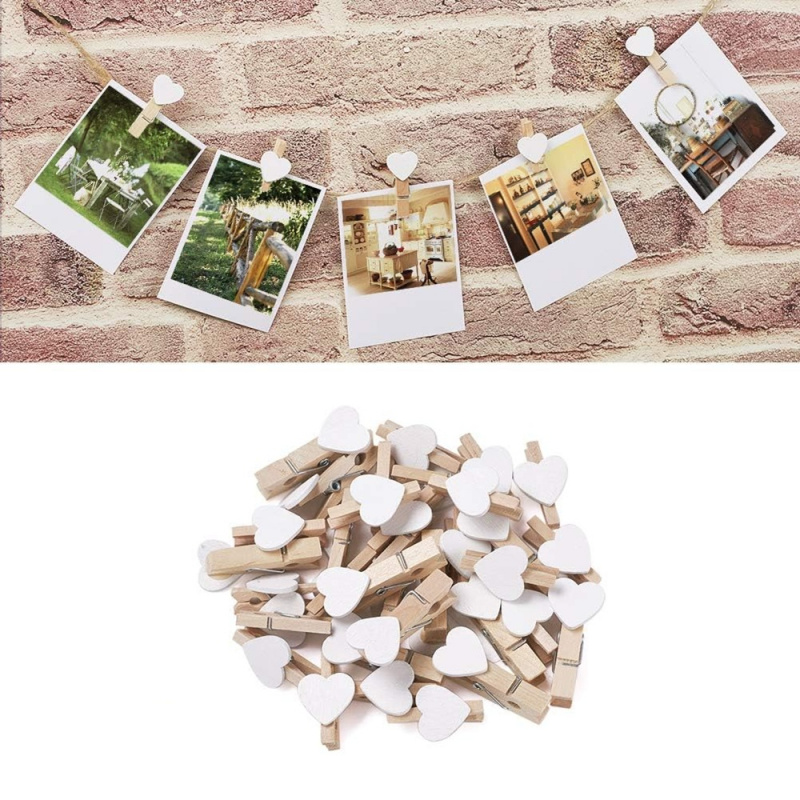 Embroidery House - 50pcs White Heart Clothespins Wooden Photo