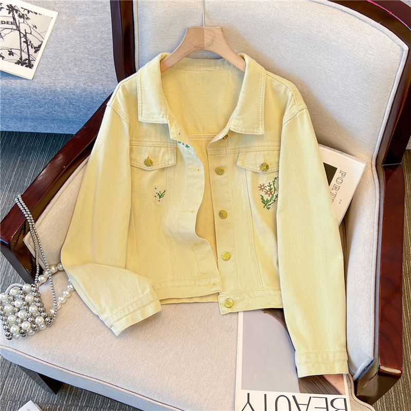 Embroidery Yellow - Korean Vintage Flower Embroidery Yellow Short