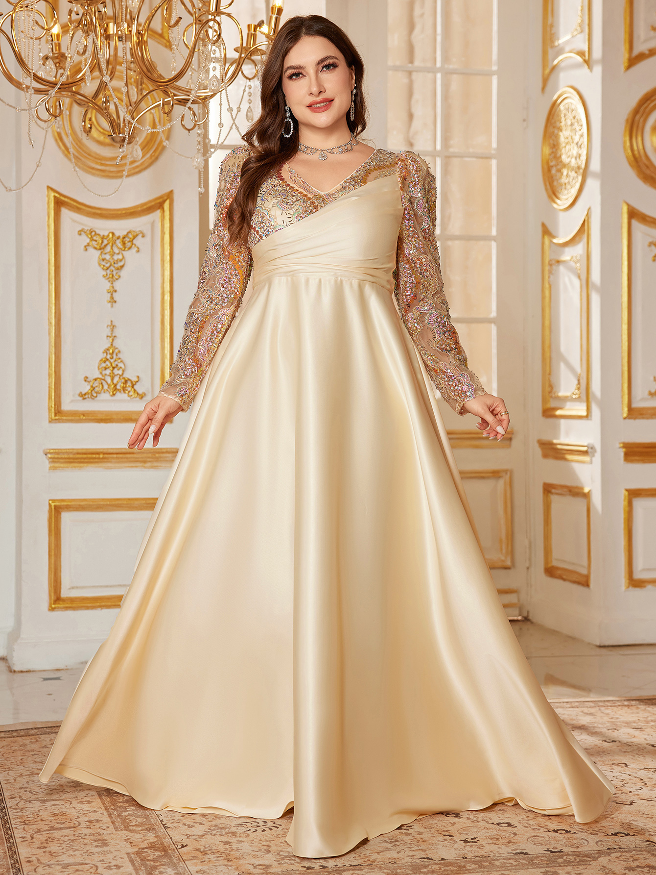 Embroidery Gradient - UNITHORSE Gradient Sequin Embroidered V-Neck Long