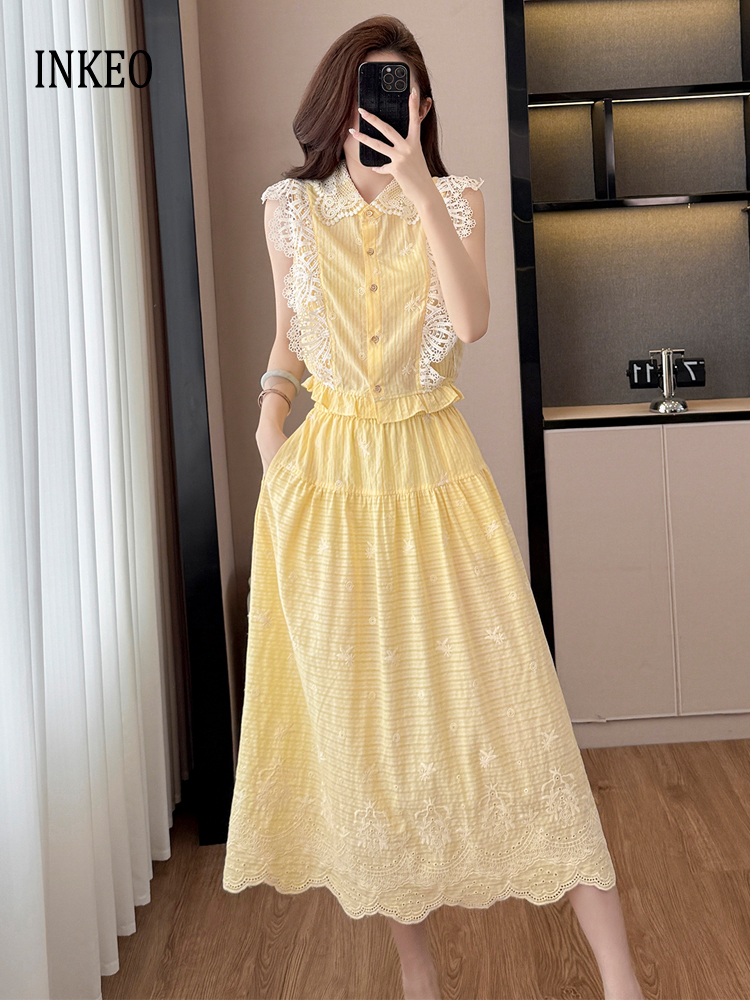Embroidery Yellow - Vintage 2 Piece set woman Lace