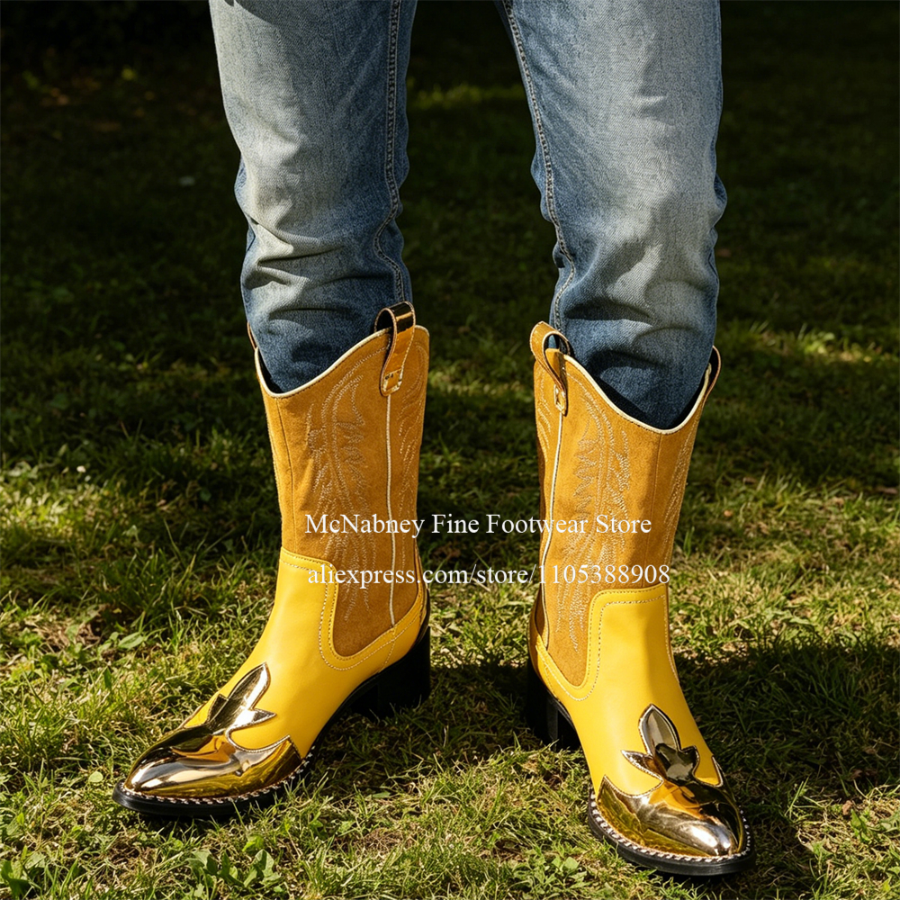 Embroidery Yellow - Yellow Gold Metal Toe Suede Western
