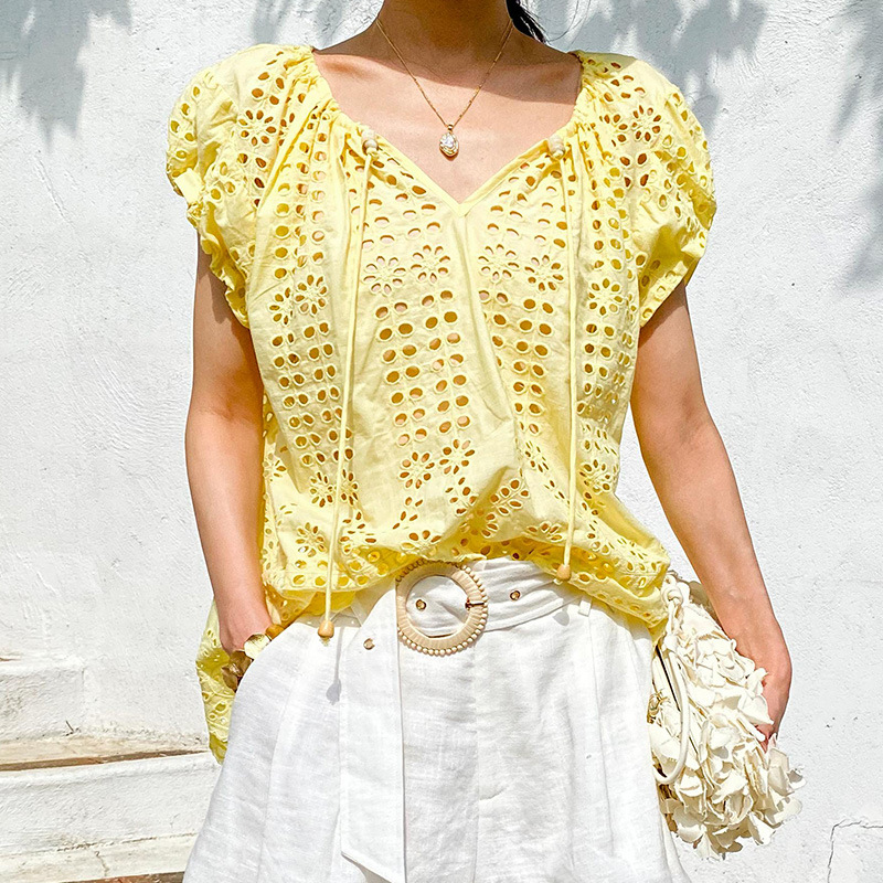 French Style Elegant Chic Blou - Embroidery Yellow 评论和价格