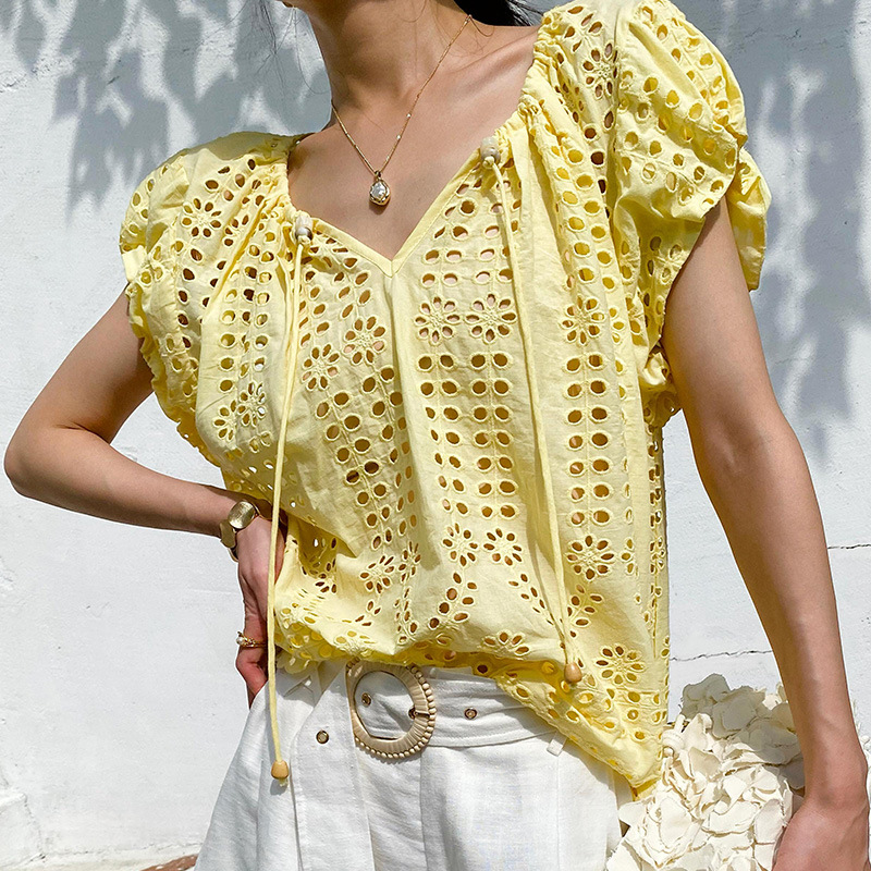 French Style Elegant Chic Blou - Embroidery Yellow 评论和价格