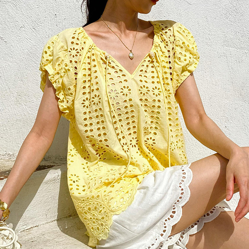 French Style Elegant Chic Blou - Embroidery Yellow 评论和价格