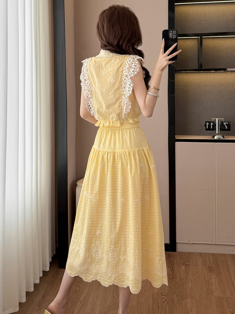 Vintage 2 Piece set woman Lace - Embroidery Yellow 评论和价格