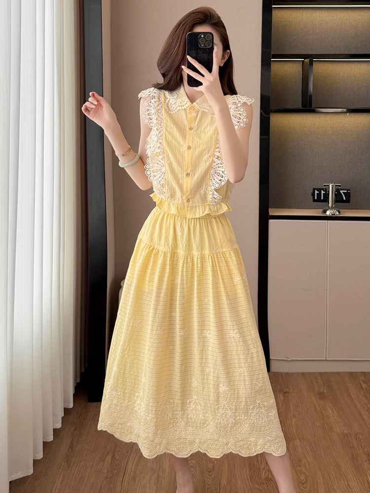 Vintage 2 Piece set woman Lace - Embroidery Yellow 评论和价格