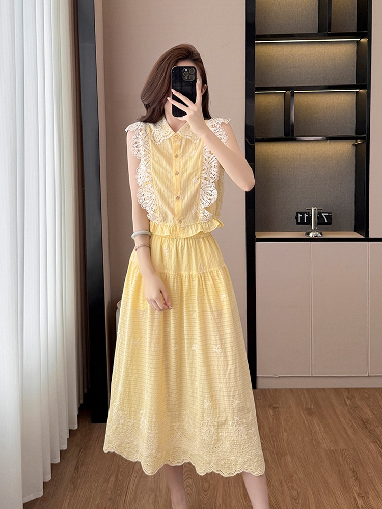 Vintage 2 Piece set woman Lace - Embroidery Yellow 评论和价格